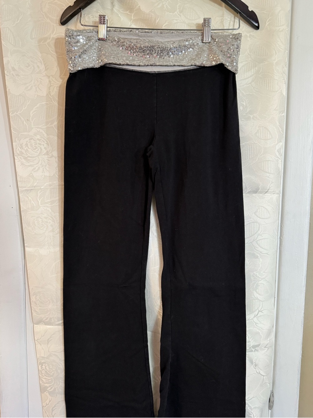 Black Women's Fold-Over Waist Jeans with Silver Sequin Trim